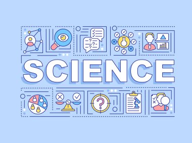 Bilim kelimesi afişi kavramsallaştırır. Yeni teknolojiler icat ediyor. Yeni bilgiler alıyorum. Mavi arkaplanda doğrusal simgeleri olan bilgi grafikleri. İzole tipografi. Vektör çizgisi RGB renk çizimi