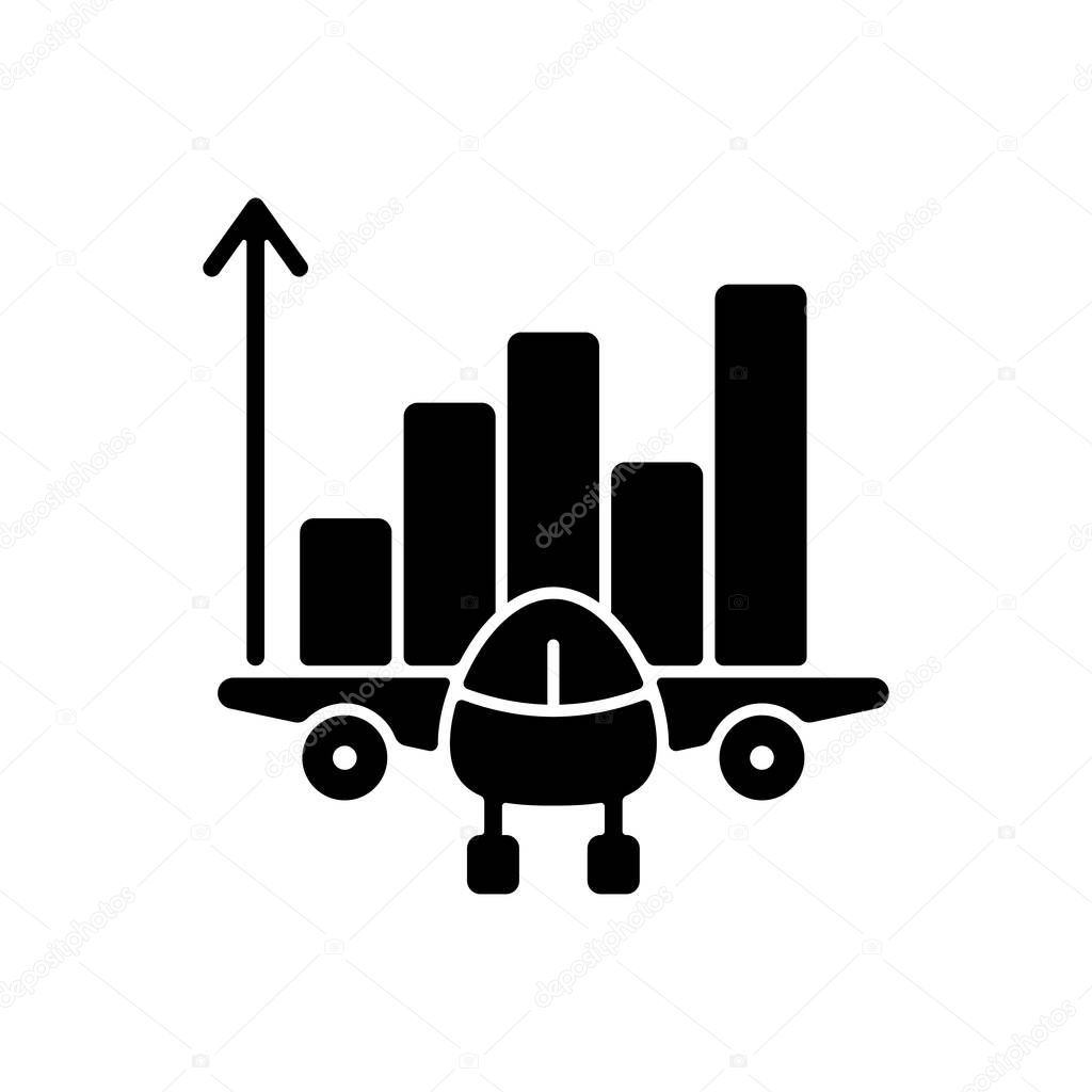 Aviation analytics black glyph icon. Civil aviation management. Service quality improvement. Company budget optimization. Silhouette symbol on white space. Vector isolated illustration
