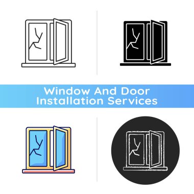 Pencere onarım simgesi. Çatlak silindirleri ve camları tamir ediyorum. Ev hasarı onarımı. Kırık pencere bakımı. Güvenlik riskini azaltıyorum. Lineer siyah ve RGB renk stilleri. İzole vektör çizimleri