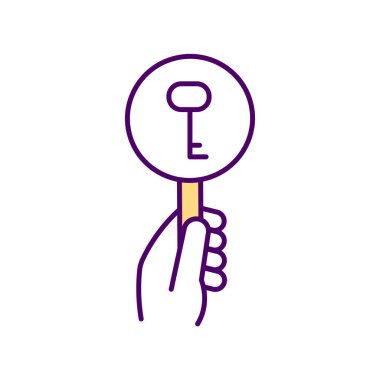 Büyüteçle büyüteç RGB renk ikonu. Büyüteçle kapının anahtarının görüntüsü. Macera. Dedektif hikayesi. Ayrıntılı bilgi arayışı. İzole vektör illüstrasyonu