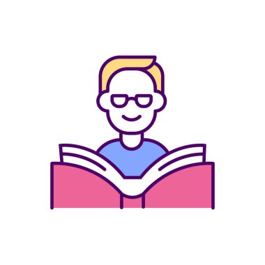 Gözlüklü adam RGB renk ikonu okuyor. Öğrenci konuları. Öğrencinin arkasında açık bir kitap. Çalışma süreci. Yüzünde gülümseme. Ücretsiz erişim. Yeni bilgiler ediniyorum. İzole vektör illüstrasyonu
