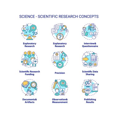 Bilim ve bilimsel araştırma konsept simgeleri ayarlandı. Gözlem ve ölçümler ince çizgi RGB renk çizimleri fikrini ortaya attı. Bilimsel teori. Vektör izole çizimler. Düzenlenebilir vuruş