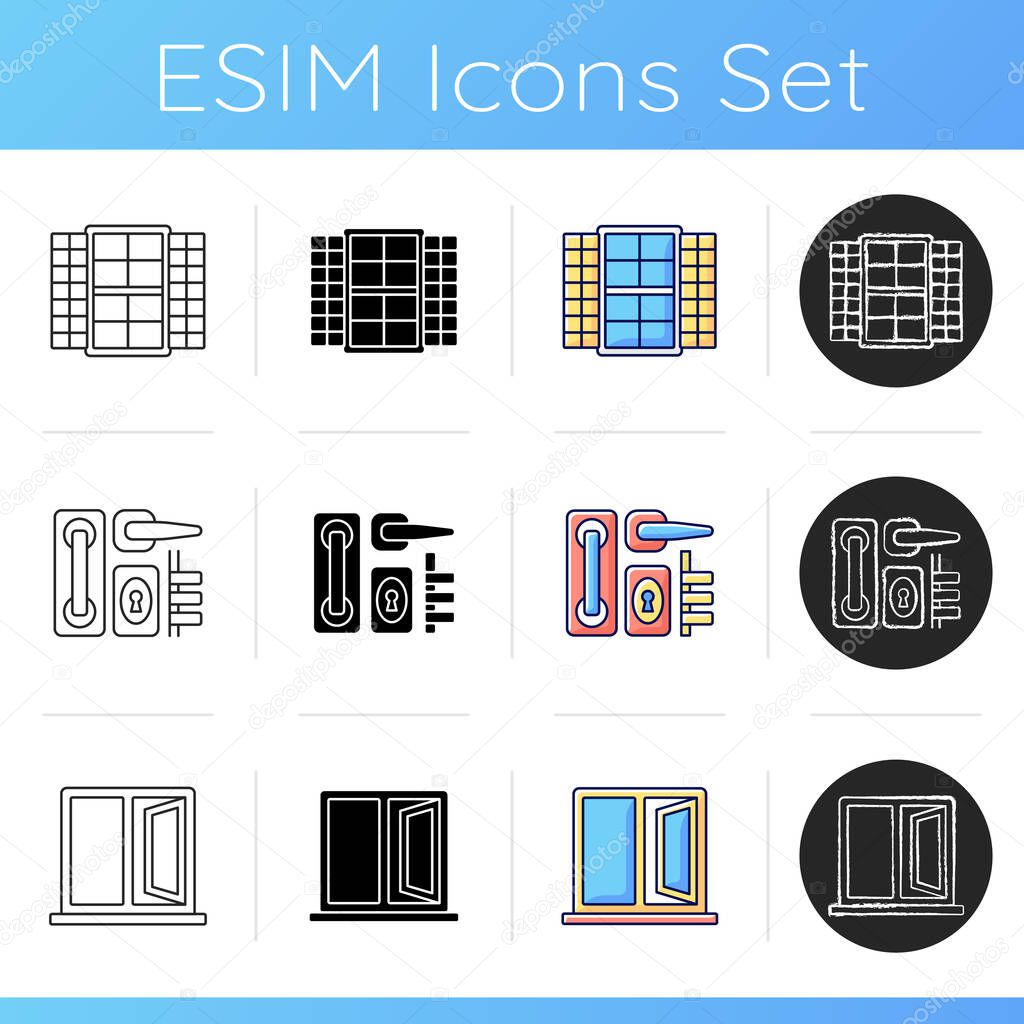 Installation services icons set. Window shutters. Door hardware. Casement window. Movable cover. Latch mechanism. Ventilation control. Linear, black and RGB color styles. Isolated vector illustrations