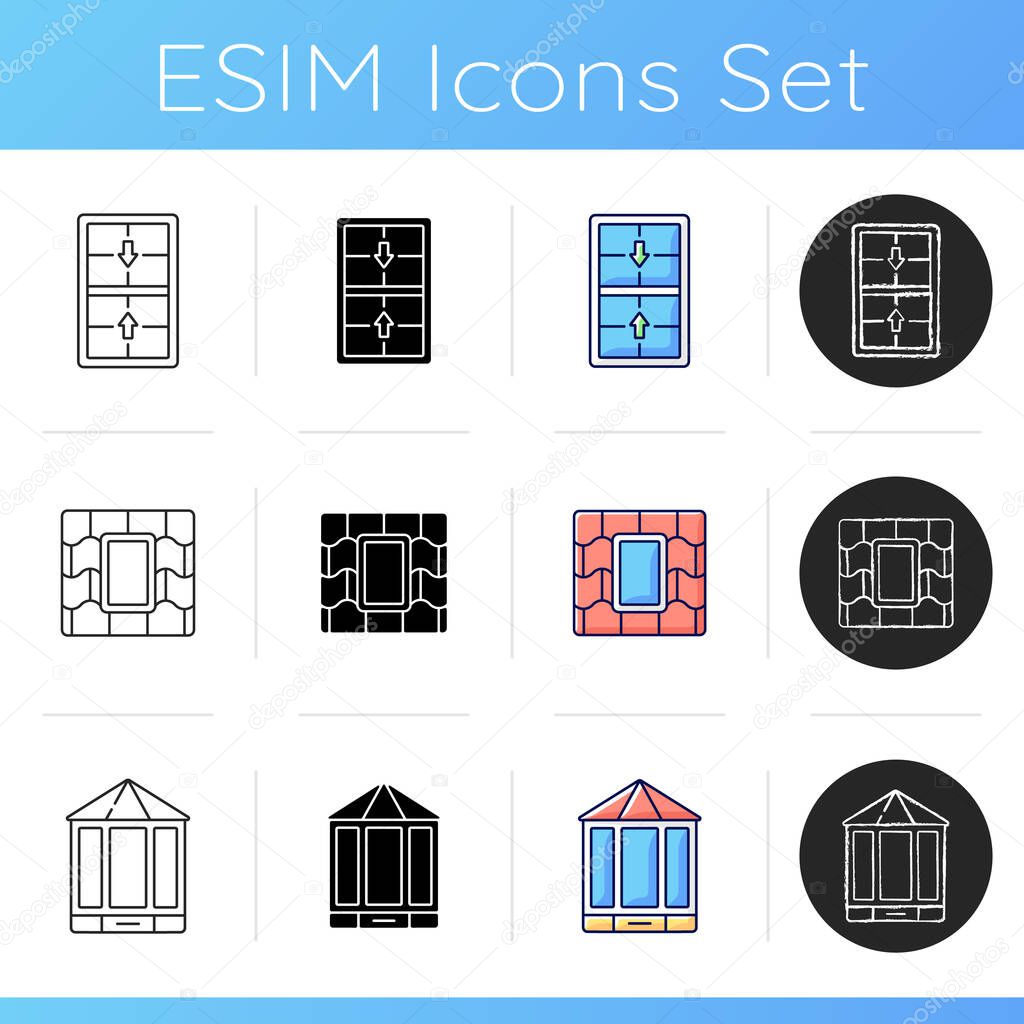 Window and door installations icons set. Double-hung windows. Venting skylight. Efficient ventilation. Extending beyond exterior wall. Linear, black and RGB color styles. Isolated vector illustrations