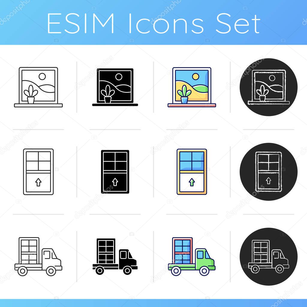 Installing windows and doors icons set. Clear view without obstructions. Single-hung windows. Delivering building materials. Linear, black and RGB color styles. Isolated vector illustrations
