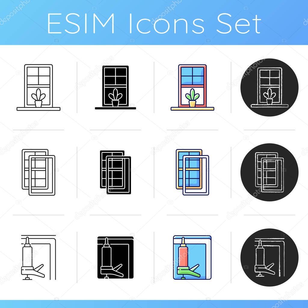 Windows, doors replacement service icons set. Windowsills. Storm protection. Heat loss reduction. Window ledge. Extensive insulation. Linear, black and RGB color styles. Isolated vector illustrations