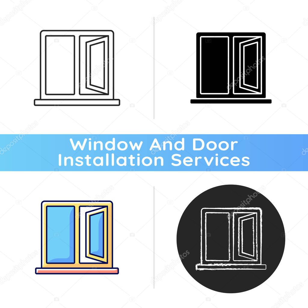 Casement windows icon. Movable window. Preventing unwanted airflow into house. Ventilation control. Easy opening and closing. Linear black and RGB color styles. Isolated vector illustrations