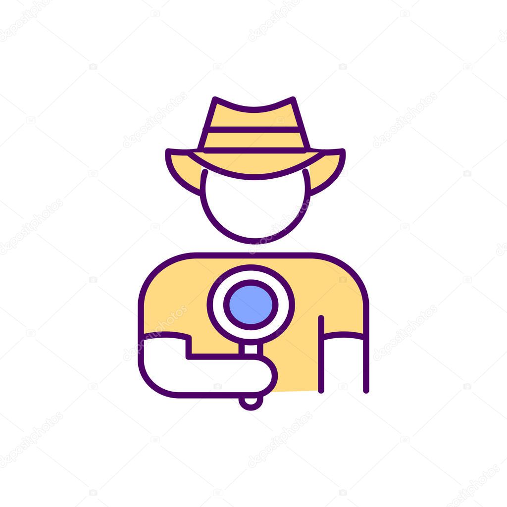 Man in a cowboy hat holds a agnifying glass his hand RGB color icon. Search for information. Thirst for adventure. Tourist with a magnifying glass in his hands. Isolated vector illustration