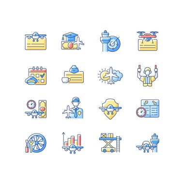 Havacılık RGB renk simgeleri ayarlandı. Sivil havacılık sorunları. Uçuş görevlisi ehliyeti. Havayolları yönetimi gelişiyor. Pilot eğitim finansmanı. Hava güvenliği. İzole vektör çizimleri