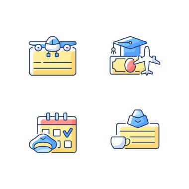 Havacılık RGB renk simgeleri ayarlandı. Pilot eğitim finansmanı. Uçuş çizelgesi. Uçuş görevlisi ehliyeti. Havayolları yönetimi gelişiyor. Güvenlik uçuşları garanti. İzole vektör çizimleri