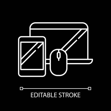 Elektronik ve aksesuarlar koyu renk tema için beyaz doğrusal simge. Bilgisayarlar, cihazlar ve aletler. İnce çizgi özelleştirilebilir illüstrasyon. Gece modu için izole vektör kontur sembolü. Düzenlenebilir vuruş