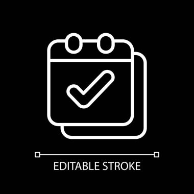 Koyu tema için beyaz doğrusal simge takvimi uygulaması. Programları ve zamanı ayarlıyorum. Planlı etkinlikler. İnce çizgi özelleştirilebilir illüstrasyon. Gece modu için izole vektör kontur sembolü. Düzenlenebilir vuruş