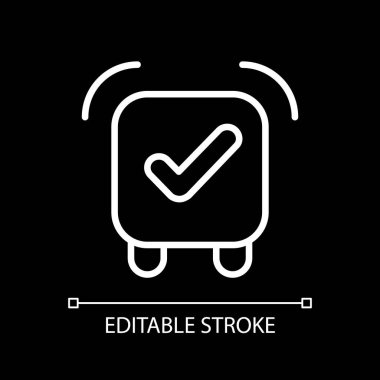 Koyu tema için alarmlı saat uygulaması beyaz doğrusal simgesi. Uyarı alarmı. Tamamlanmış bir görev. İnce çizgi özelleştirilebilir illüstrasyon. Gece modu için izole vektör kontur sembolü. Düzenlenebilir vuruş