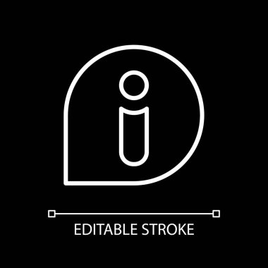 Koyu tema için haber uygulaması beyaz doğrusal simgesi. Bilgi masası imzası, çevrimiçi yardım. İnternet bilgileri. İnce çizgi özelleştirilebilir illüstrasyon. Gece modu için izole vektör kontur sembolü. Düzenlenebilir vuruş