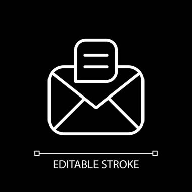 Koyu tema için ileti uygulaması beyaz doğrusal simgesi. Mesaj ve sohbet uygulaması. Haberci sohbetleri. İnce çizgi özelleştirilebilir illüstrasyon. Gece modu için izole vektör kontur sembolü. Düzenlenebilir vuruş