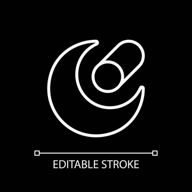 Gece modu uygulaması koyu tema için beyaz doğrusal simge. Ekran parlaklığını azaltıyorum. Pil tasarrufu. İnce çizgi özelleştirilebilir illüstrasyon. Gece modu için izole vektör kontur sembolü. Düzenlenebilir vuruş