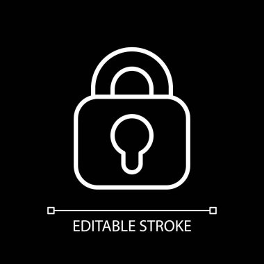 Koyu tema için beyaz doğrusal simgeyi kilitle. Siber güvenlik için şifre. Sistem güvenliği. İnce çizgi özelleştirilebilir illüstrasyon. Gece modu için izole vektör kontur sembolü. Düzenlenebilir vuruş