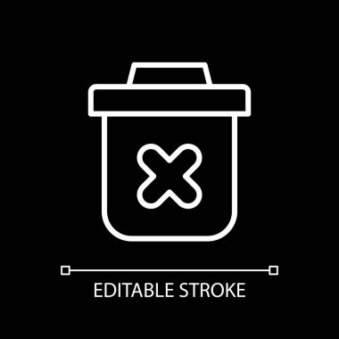 Koyu tema için beyaz doğrusal simgeyi sil. Cihazdaki veriler siliniyor. Çöpe sürükleme uygulaması. İnce çizgi özelleştirilebilir illüstrasyon. Gece modu için izole vektör kontur sembolü. Düzenlenebilir vuruş