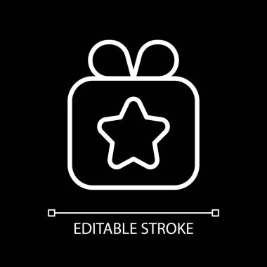 Koyu tema için beyaz doğrusal hediye simgesi. Hediye yolluyorum. Tanıtım hediyesi olarak. Özel zaman etkinliği. İnce çizgi özelleştirilebilir illüstrasyon. Gece modu için izole vektör kontur sembolü. Düzenlenebilir vuruş