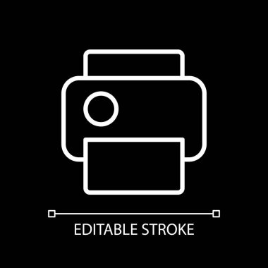 Koyu tema için beyaz doğrusal simge yazdır. Belgelerin kopyalarını çıkarıyorum. Metin dosyaları çoğaltılıyor. İnce çizgi özelleştirilebilir illüstrasyon. Gece modu için izole vektör kontur sembolü. Düzenlenebilir vuruş