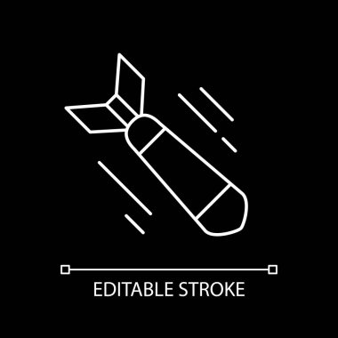 Kara tema için savaş filmi beyaz doğrusal simgesi. Askeri filmler, ciddi tarihi diziler. İnce çizgi özelleştirilebilir illüstrasyon. Gece modu için izole vektör kontur sembolü. Düzenlenebilir vuruş