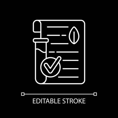 Laboratuvar koyu renk tema için beyaz doğrusal simge test etti. Doğal kozmetik üretimi. Ürün sertifikası. İnce çizgi özelleştirilebilir illüstrasyon. Gece modu için izole vektör kontur sembolü. Düzenlenebilir vuruş