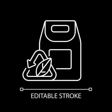 Koyu tema için biyolojik çözünebilen beyaz doğrusal ambalaj simgesi. Geri dönüşümlü malzemeler. Ekoloji hareketi. İnce çizgi özelleştirilebilir illüstrasyon. Gece modu için izole vektör kontur sembolü. Düzenlenebilir vuruş