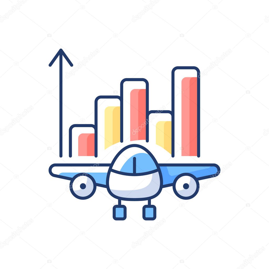 Aviation analytics RGB color icon. Civil aviation management. Service quality improvement. Airlines management improvement. Company budget optimization. Isolated vector illustration