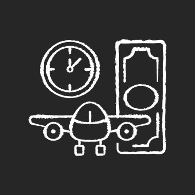 Siyah arka planda uçak kiralama beyaz tebeşir ikonu. Kiralık uçak bulabilme yeteneği. Hafif uçak. Uçak, para ve saat. Beyaz uzayda siluet sembolü. İzole edilmiş vektör karatahta çizimi