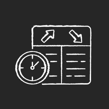 Siyah arkaplanda tebeşir beyazı simgesi oluşturuluyor. Seyahatleri planlama yeteneği. Dakik hava şirketleri. Takvim. Beyaz uzayda siluet sembolü. İzole edilmiş vektör karatahta çizimi