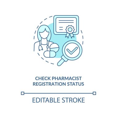 Eczacı kayıt konsepti ikonuna bak. Doktor ve büyüteç. Çevrimiçi eczane fikri ince çizgi çizimi. Vektör izole edilmiş RGB renk çizimi. Düzenlenebilir vuruş