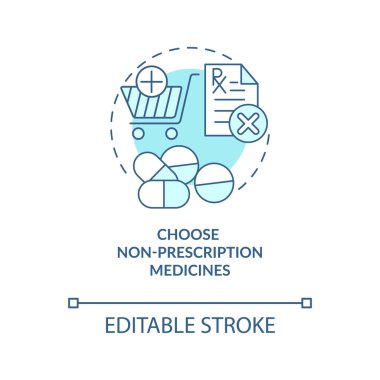 Reçetesiz ilaç konsepti ikonu seçin. Çevrimiçi eczane fikri ince çizgi çizimi. Çevrimiçi eczane sipariş basamakları. Vektör izole edilmiş RGB renk çizimi. Düzenlenebilir vuruş