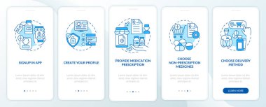 Çevrimiçi ilaç siparişi, mobil uygulama sayfası ekranına konseptlerle yükleniyor. Adres ve telefon numarası 5 adımlık grafik talimatlar. RGB renk resimleriyle UI vektör şablonu
