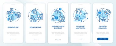Mobil uygulama sayfasında konseptlerle birlikte gayri safi yurtiçi hasılanın büyümesi. Ekonomik ayarlama 5 adımlık grafik talimatları gözden geçiriyor. RGB renk resimleriyle UI vektör şablonu