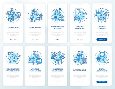 Ekonomik düzelme mobil uygulama sayfası ekranında konseptler ayarlandı. İşsizlik 5 aşamalı grafik talimatları azaltır. RGB renk resimleriyle UI vektör şablonu