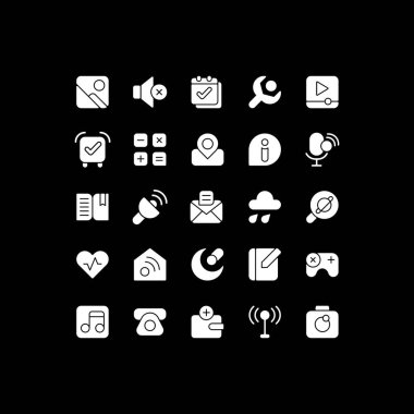 Arayüz beyaz simge simgeleri karanlık mod için ayarlandı. Akıllı telefonlar ve tabletler. Ayarlar menüsü. UI düğmesi. Siyah arkaplanda siluet sembolleri. Vektör izole resimleme paketi
