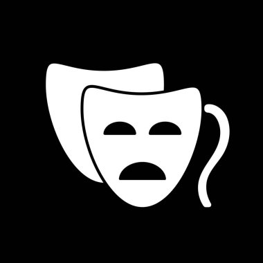 Drama karanlık mod simgesi. Film ve TV yapımı. Klasik film, klasik tiyatro. Televizyon eğlence kategorisi. Siyah uzayda beyaz siluet sembolü. Vektör izole illüstrasyonu