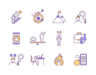 Zihinsel yorgunluk RGB renk simgeleri ayarlandı. Konsantrasyon sorunları. Cep telefonu aşırı kullanımı. Hayal kırıklığı ve tükenmişlik. Negatif iç düşünceler. Bedensel ceza. İzole vektör çizimleri