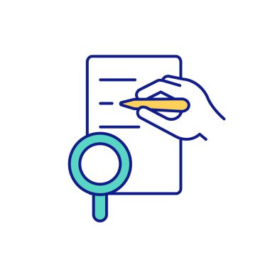 Araştırma sonuçlarının doğal koşullarda kaydedilmesi yeşil RGB renk simgesi. Not defterlerinde yayınlanan kayıtlar ve materyaller. Detaylı bilgi analiz ediliyor. İzole vektör illüstrasyonu