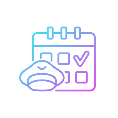 Tayfa gradyan doğrusal vektör simgesi zamanlaması. Sivil havacılık endüstrisi. Yüksek kaliteli eğitim. Uçuş görevlileri. İnce çizgi renkli semboller. Modern tarz pictogram. Vektör izole çizimi