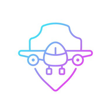 Havacılık güvenliği gradyan doğrusal vektör simgesi. Uçak kazası ve kaza önleme. Kalkanların arkasındaki uçak. İnce çizgi renkli semboller. Modern tarz pictogram. Vektör izole çizimi