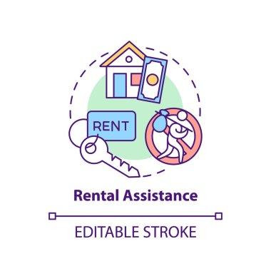 Kira yardımı konsepti ikonu. Kiralık sübvansiyon fikri ince çizgi çizimi. Kiracılara depozitolarla yardım et. Güvenlik depozitoları. Vektör izole edilmiş RGB renk çizimi. Düzenlenebilir vuruş