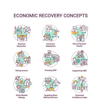 Ekonomik toparlanma konsepti belirlendi. Borsa fikrinin ince çizgisi RGB renk çizimleri. Ekonomik durgunluktan sonra iş döngüsü. Vektör izole çizimler. Düzenlenebilir vuruş