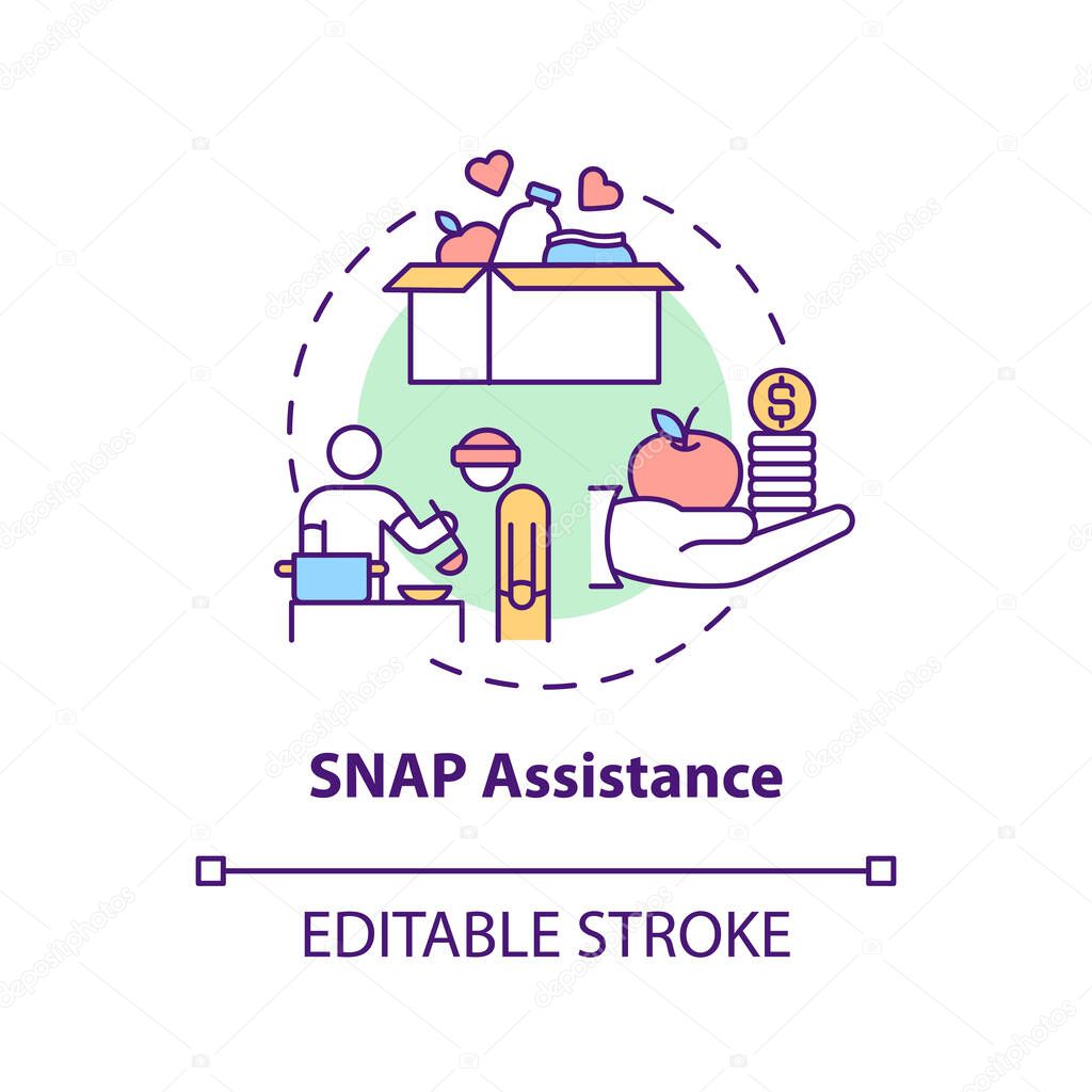 SNAP assistance concept icon. Program working to fight hunger idea thin line illustration. Supplemental nutrition. Hungry and undernourished. Vector isolated outline RGB color drawing. Editable stroke