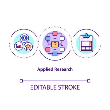 Uygulamalı araştırma konsepti simgesi. Ya belirli sorunları çöz ya da sorunlara yenilikçi çözümler bul. Bilim fikri ince çizgi çizimi. Vektör izole edilmiş RGB renk çizimi. Düzenlenebilir vuruş