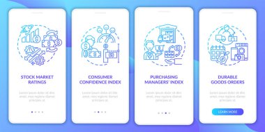 Mobil uygulama sayfa ekranında konseptlerle borsa reytingleri. Ekonomik düzelme göstergeleri dört aşamalı grafik talimatları inceliyor. RGB renk resimleriyle UI vektör şablonu