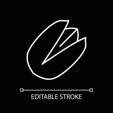 Pistachio white linear icon for dark theme. Nut in cracked shell. Nutrition and source of protein. Thin line customizable illustration. Isolated vector contour symbol for night mode. Editable stroke