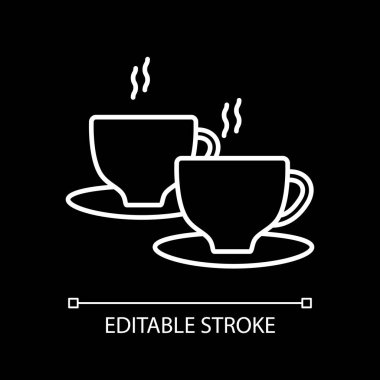 Two hot coffee cups white linear icon for dark theme. 2 mugs of tea. Cafe drinks. Thin line customizable illustration. Isolated vector contour symbol for night mode. Editable stroke