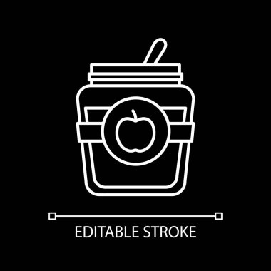 Apple jam white linear icon for dark theme. Glass jar with open lid and spoon. Homemade marmalade. Thin line customizable illustration. Isolated vector contour symbol for night mode. Editable stroke