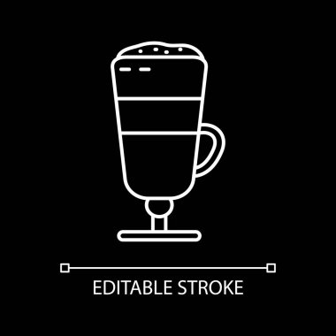 Latte macchiato white linear icon for dark theme. Layered coffee drink in glass cup. Thin line customizable illustration. Isolated vector contour symbol for night mode. Editable stroke